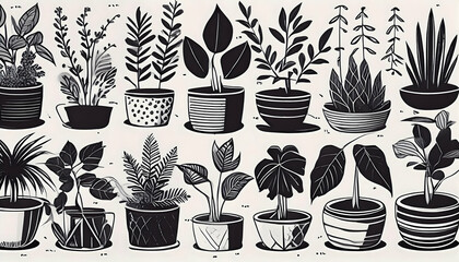 Abstract trees background black and white illustrations of house plants on digital art concept, Generative AI.