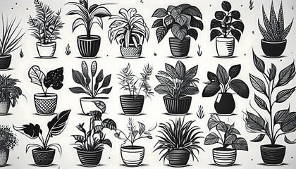 Abstract trees background black and white illustrations of house plants on digital art concept, Generative AI.