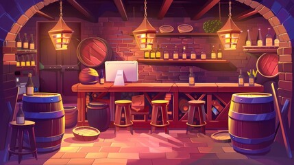 This cartoon illustration shows a wine shop interior with wood barrels, brick walls and floor, wineglass lamps. A chemical store with computers on counters and high stools is in the basement.