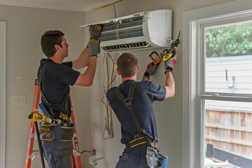 Young Hispanic technicians repairing air condition machine holding clipboard Air Conditioning Repair Works on an AC Unit in a Residence air conditioner on the wall air conditioner services concept 