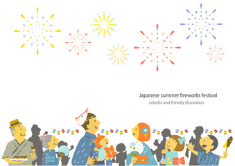 夏祭りで花火を見上げる人々　カラフルで楽しいイラスト