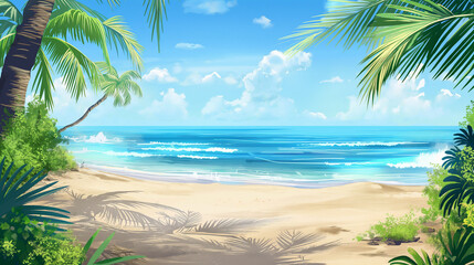 Beach Panorama with blue water and palm trees network concept, realistic style