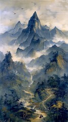 Ancient Chinese Ink Painting: Towering Mountain Peaks and Serene Landscapes