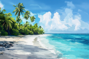Beach Panorama with blue water and palm trees network concept, realistic style
