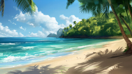 Beach Panorama with blue water and palm trees network concept, realistic style