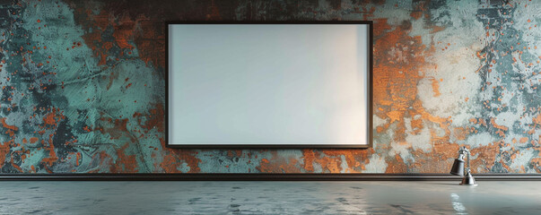 One empty white frame with dark borders, centrally spotlighted and tilted slightly to the right in a modern architectural studio against