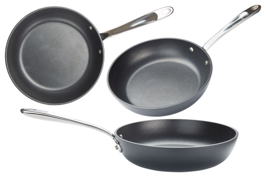 Frying pan. New ceramic nonstick pan with stainless steel handle. Fry pan for cooking. Gray ceramic coating. Free of PFAS, PFOA, lead and cadmium. Professional chef kitchenware. Isolated background