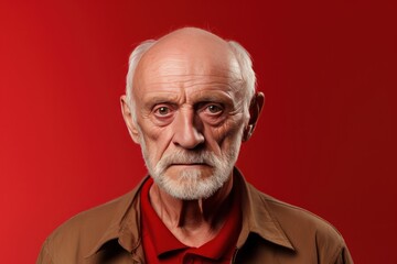 Red background sad european white man grandfather realistic person portrait older person beautiful bad mood old man Isolated on Background ethnic 