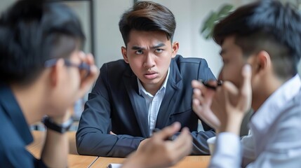 asian business team discussing serious problem troubled expression in meeting room corporate challenge concept