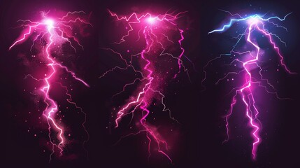 Thunderbolt strike during the night storm, impact, crack, and magic energy flash of pink color. Powerful electrical discharge isolated on black background. Realistic 3D modern bolts set.