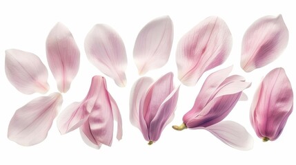 Obraz premium assortment of delicate pink magnolia flower petals isolated on white background floral photography