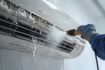 Young Hispanic technicians repairing air condition machine holding clipboard Air Conditioning Repair Works on an AC Unit in a Residence air conditioner on the wall air conditioner services concept 