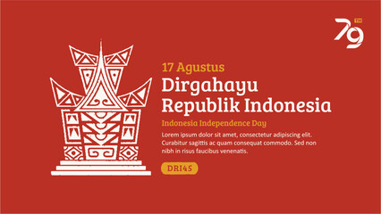 Indonesia Independence Day Banner. Hand-Drawn Gadang traditional house with Trendy Stamp. 17 Agustus Celebration