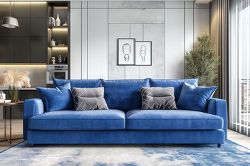 Interior of living room with blue sofa 3d rendering, stock foto, photo style