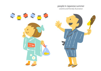 浴衣で縁日を楽しむこどもたち　カラフルで楽しい主線なしイラスト