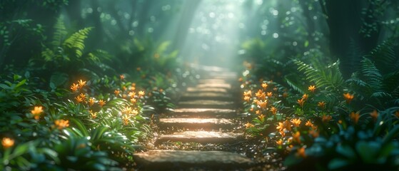 Sunlit forest path with stone steps and blooming flowers creating a serene and enchanting natural scene under a canopy of trees.