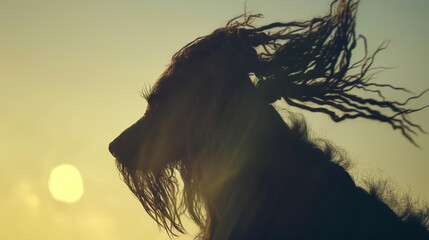 Fototapeta premium Silhouette of a dog with flowing, textured fur against a serene sunset, capturing a peaceful and contemplative moment.