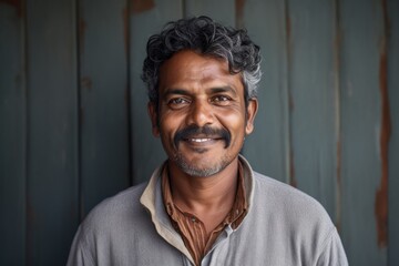 Portrait of a content indian man in his 40s smiling at the camera on bare monochromatic room