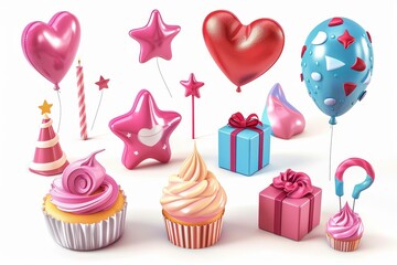 Birthday holiday decorations set. 3D modern realistic objects. Toy balloons, heart, star symbols, cupcake, cake, gift box.
