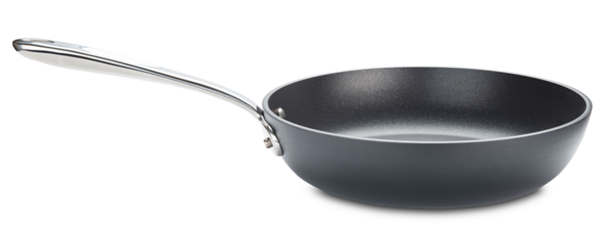 Frying pan. New ceramic nonstick pan with stainless steel handle. Fry pan for cooking. Gray ceramic coating. Free of PFAS, PFOA, lead and cadmium. Professional chef kitchenware. Isolated background