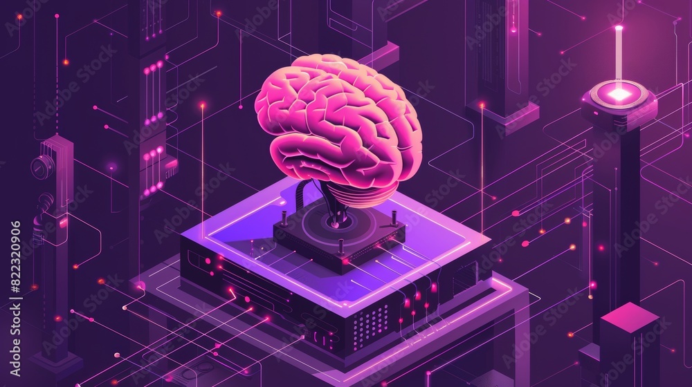 Poster ai robot prints huge human brain on 3d printer with microcircuit chips. artificial intelligence deve