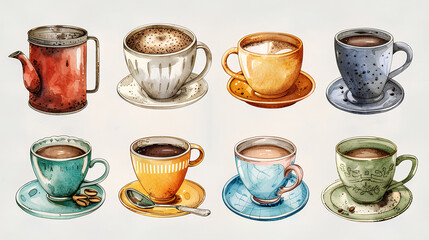 A high-quality set of coffee cliparts: A beautiful watercolor style for creating logos.