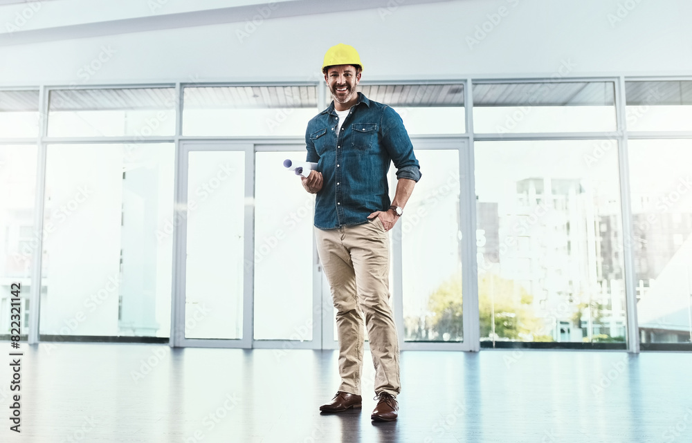 Poster Portrait, architecture and man with blueprint for design of building floor plan, upgrade and development as project management. Smile, engineer and construction worker with sketch for property goal