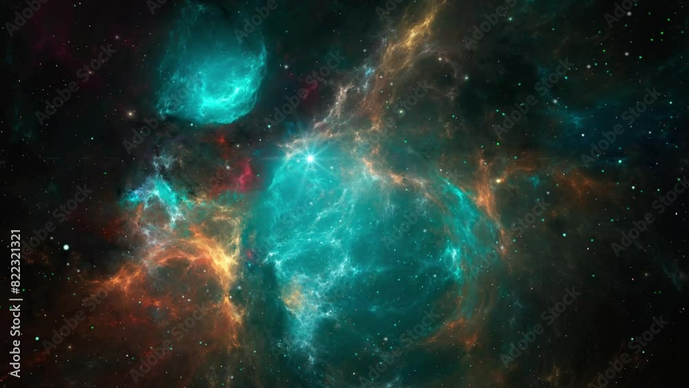 Wall mural space background. flying through colorful fractal nebula with star field. digital abstract animation