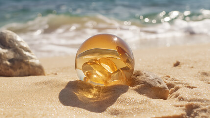 Glass sphere resting on sandy beach, reflecting the sunlight and ocean waves in the background