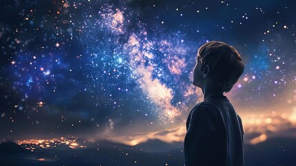 Fototapeta premium awestruck child gazing at glittering galaxy in starry night sky concept art