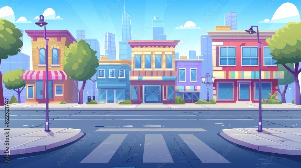 Canvas Prints Buildings and roads leading to a city. Modern parallax background with cartoon urban landscape, cityscapes with empty streets and town dwellings.