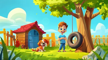 Dog kennel, fence, tree and tire swing in backyard with boys and dogs. Modern cartoon illustration of garden or house yard with doghouse and happy kids with their pets.