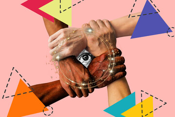 Manos unidas con un símbolo de un ojo en el centro. Collage