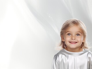 Silver background Happy european white child realistic person portrait of young beautiful Smiling...