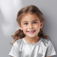 Silver background Happy european white child realistic person portrait of young beautiful Smiling child Isolated on Background Banner with copyspace blank 