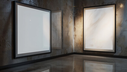 Two empty white frames with dark borders in an architectural studio, centrally spotlighted and angled--one facing slightly forward