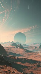 Vast alien landscape with an earthlike planet in the sky. Generative AI image