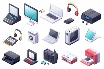 An icon set representing computer devices. This set includes a computer, laptop, smartphone, headphones, printer, game console, floppy disk, and video card in 3D.
