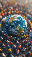 Obraz premium A diverse group of miniature figurines encircles a detailed globe, symbolizing unity and global community. High-angle shot with selective focus.
