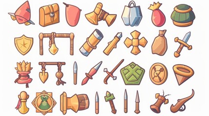 Cartoon set of military game icons featuring cannons, bombs, bullets, knives, maces, gold medals, and badges.