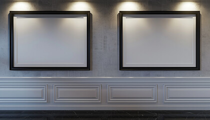 Two horizontal empty white frames with dark borders, each spotlighted against a wall featuring a classic wainscoting design 