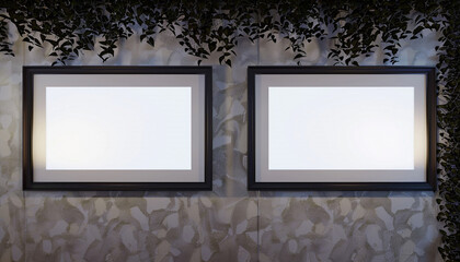 Two horizontal empty white frames with dark borders, each spotlighted against a wall featuring a subtle ivy pattern 