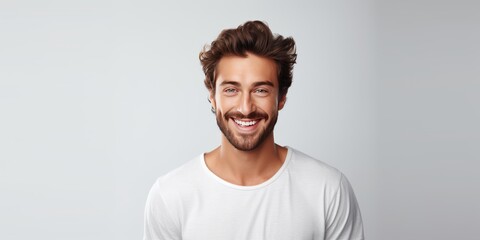 Silver background Happy european white man realistic person portrait of young beautiful Smiling man...