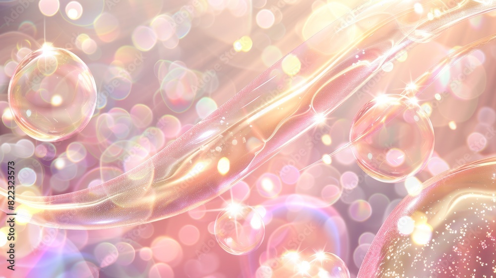 Poster floating wave of detergent and soap in motion, light effect with bubbles and sparkles, dynamic 3d el