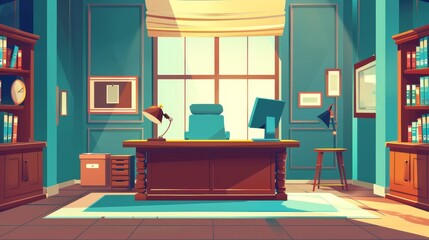Workplace with desk, computer, chair, and bookcase. Modern parallax background with cartoon interior of home cabinet with big window and wooden furniture.