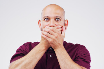 Portrait, man and surprise with wow, shocked and announcement on white studio background. Face,...