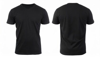 Black t shirt front and back view, isolated on white background