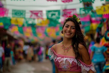 Mexican festival Capture the beauty of a traditional Mexican headpiece alongside elaborate earrings and necklaces worn with the dance dress folklore traditional cultural party celebration symbols 