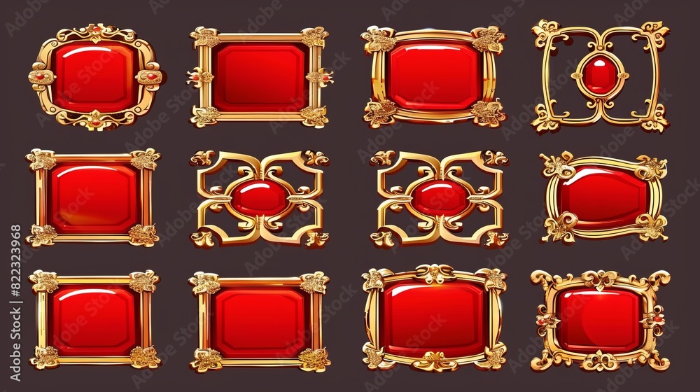 Poster rpg game ui banner with vintage golden frames and red buttons isolated on a golden background. fanta