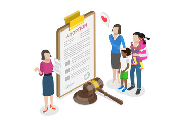 3D Isometric Flat  Illustration of Adoption, Adoptive Parents with Kid